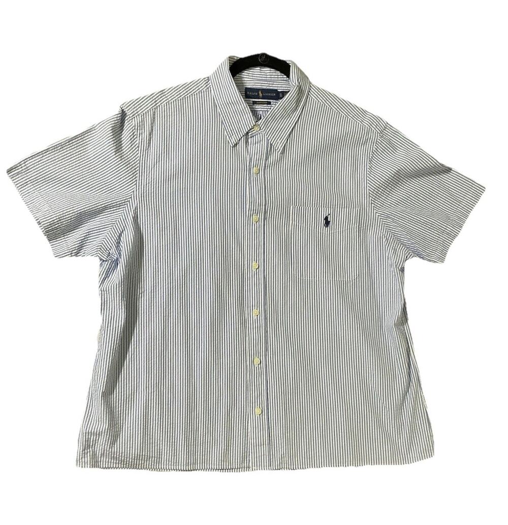 Ralph Lauren Seersucker Blue & White Stripe Short Sleeve Shirt XXL